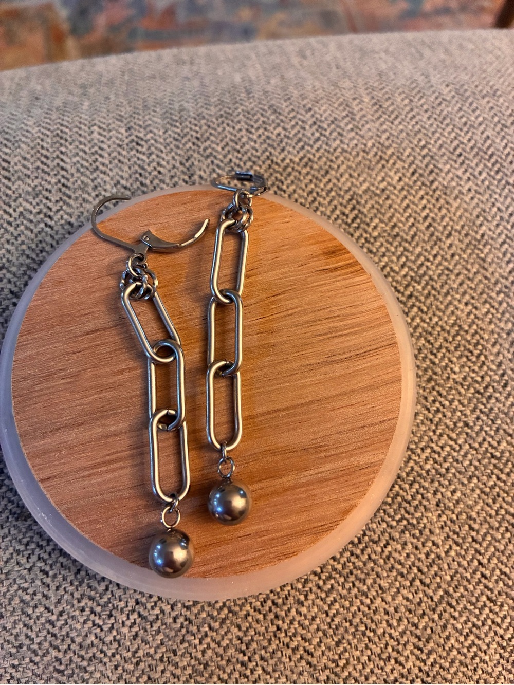 Silver Link Drop Earrings with Bead Accent